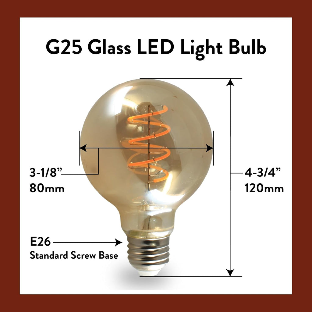 NorbCOZY G25 LED Bulb - Amber Glass 4W Spiral Filament Globe, 2700K Candlelight Glow, E26, Energy-Efficient Wellness