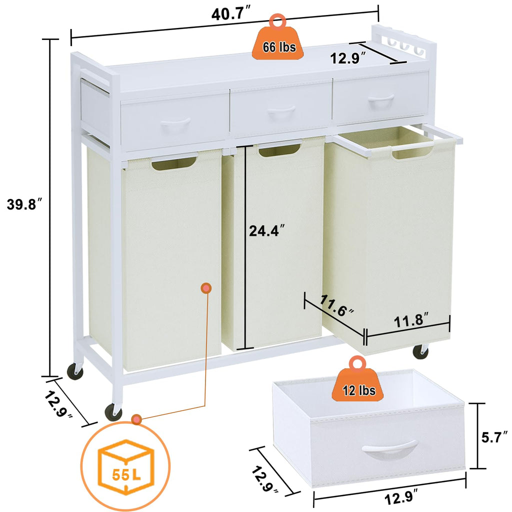 Laundry Hamper, Laundry Sorter 3 Section, Rolling Laundry Basket with Wheels, 3 Drawers, 3 × 14.5 Gal (55 L)
