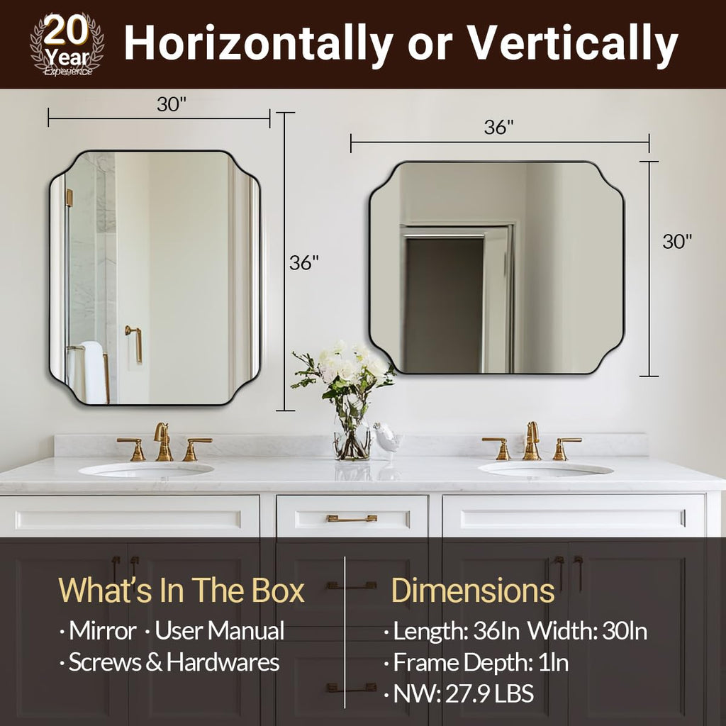 30x36 Inch Bathroom Mirror, Matte Black Vanity Mirror, Modern Scalloped Mirror in Premium Stainless Steel Metal Thin