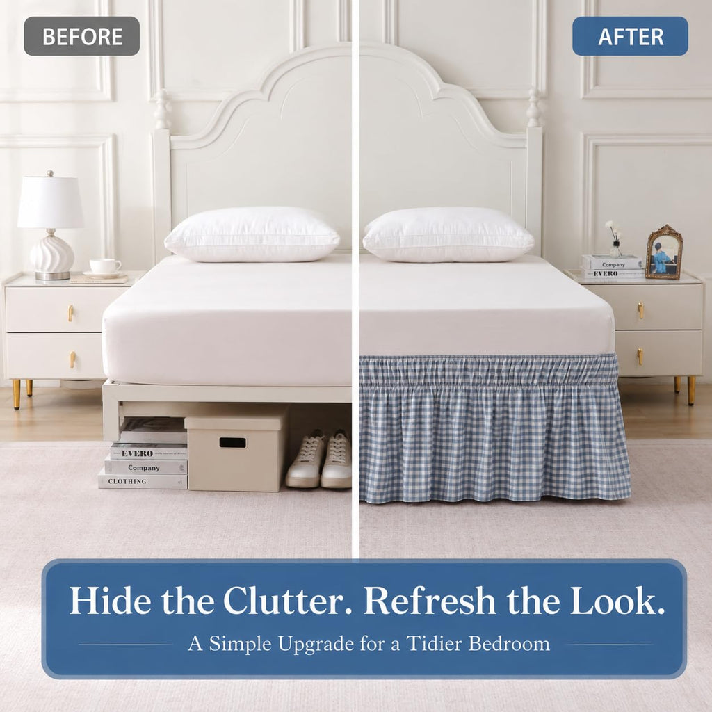 Gingham Bed Skirt 16" Drop, Dusty Blue, 100% Cotton