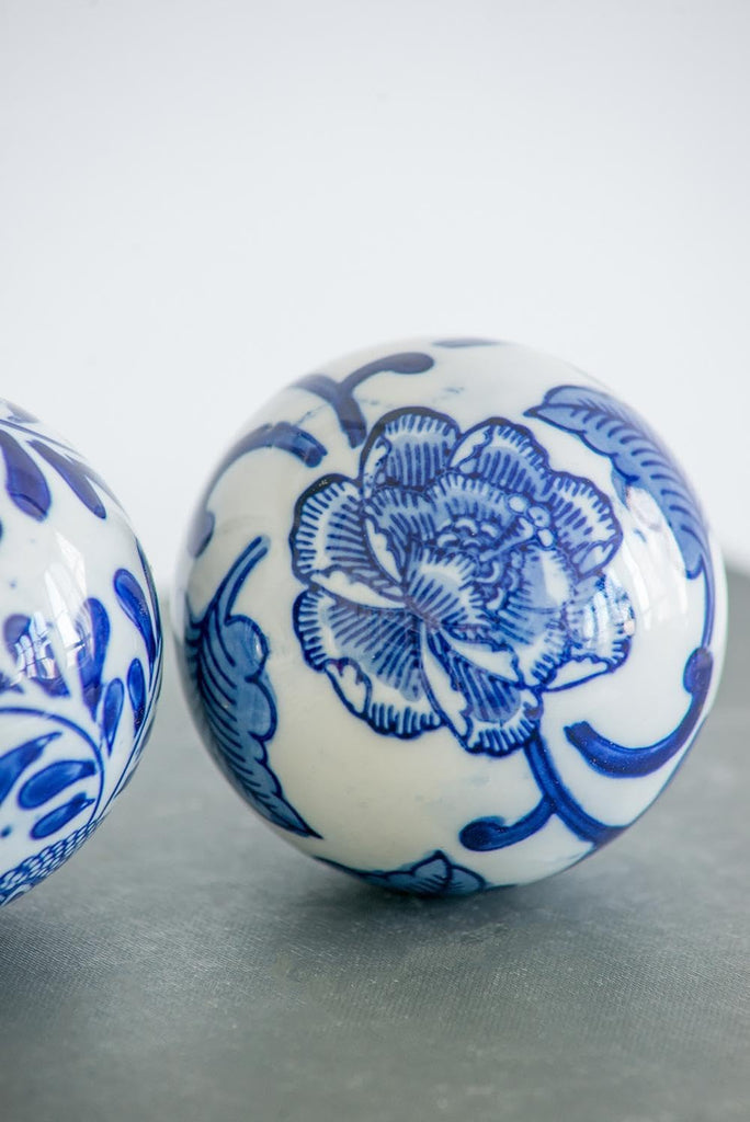 Set of 6 Porcelain Decorative Spheres - Handcrafted Traditional Blue and White Floral Orbs Decor, Tabletop Accent