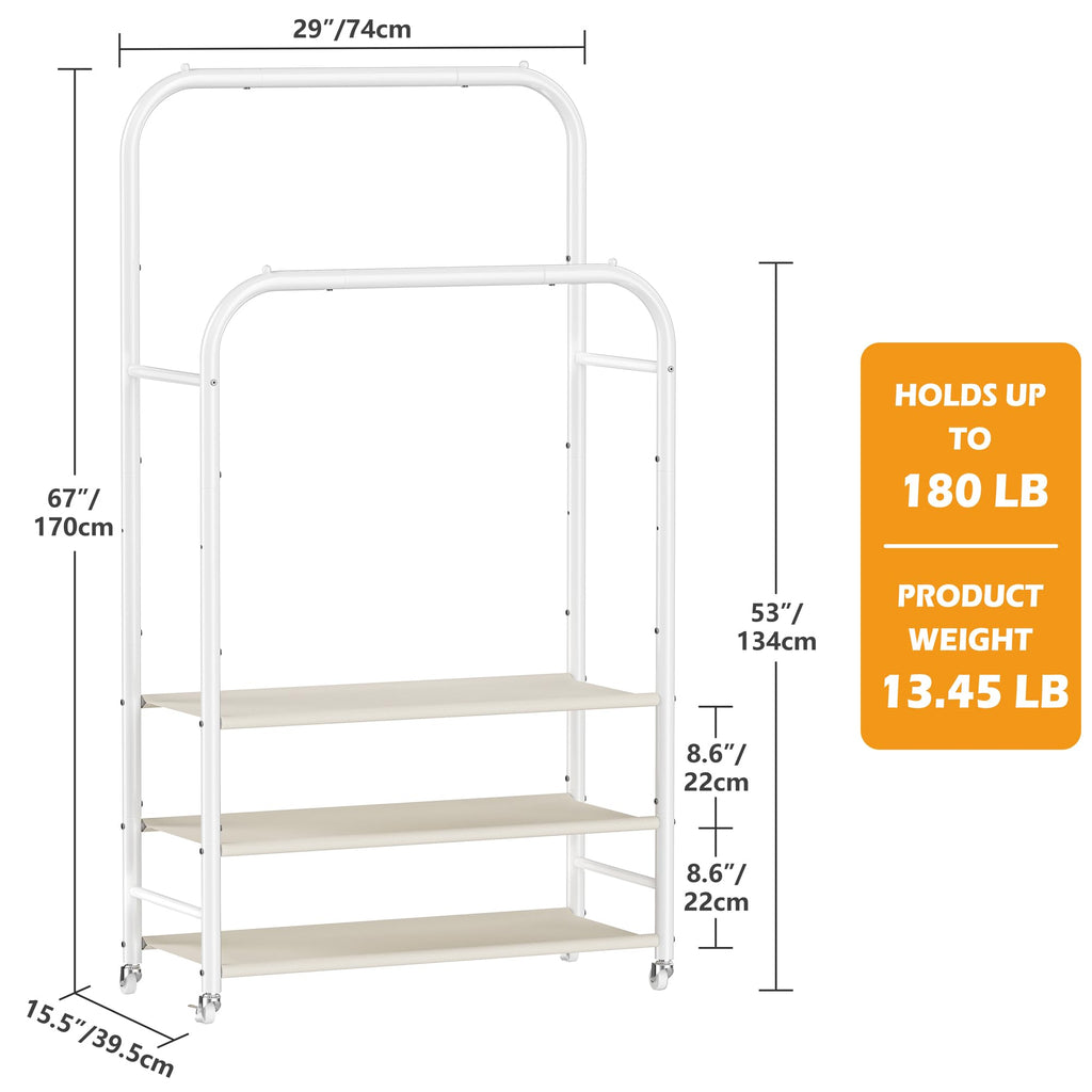 Clothes Rack, Double Rods Clothing Rack with 3 Tier Shelve&Wheels