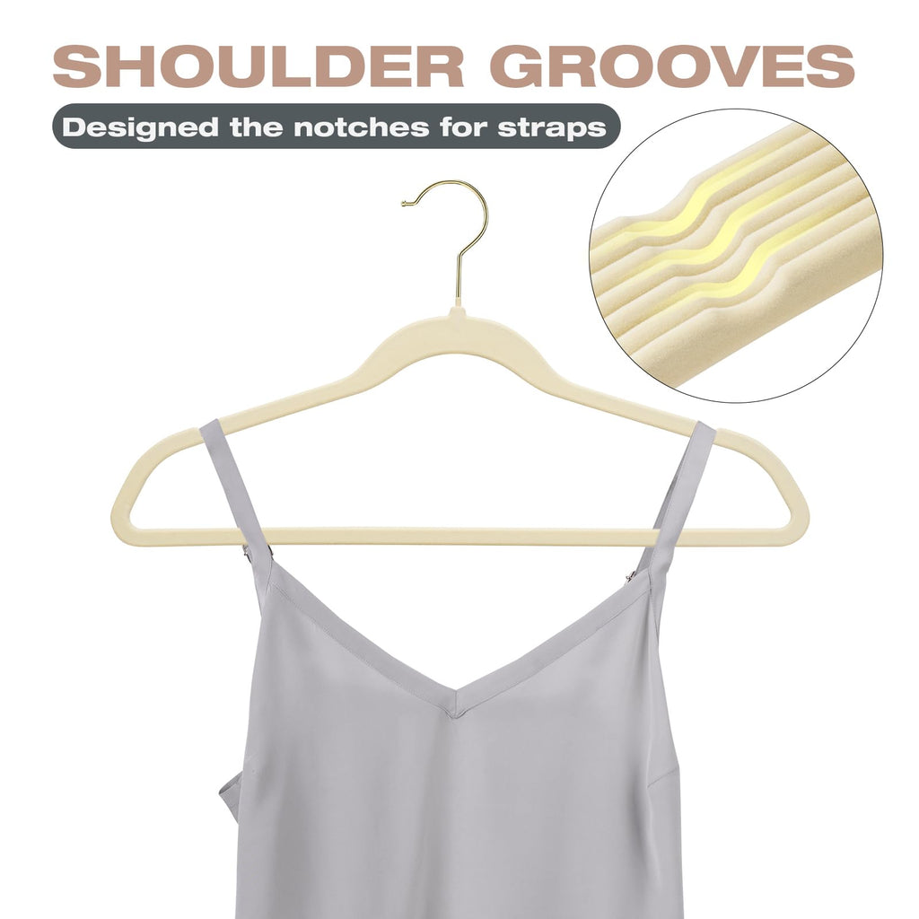 50 Pack Beige Velvet Hangers, Non Slip, Heavy-Duty, Slim, Space Saving, with Felt Surface and Gold 360°Swivel Hook, for