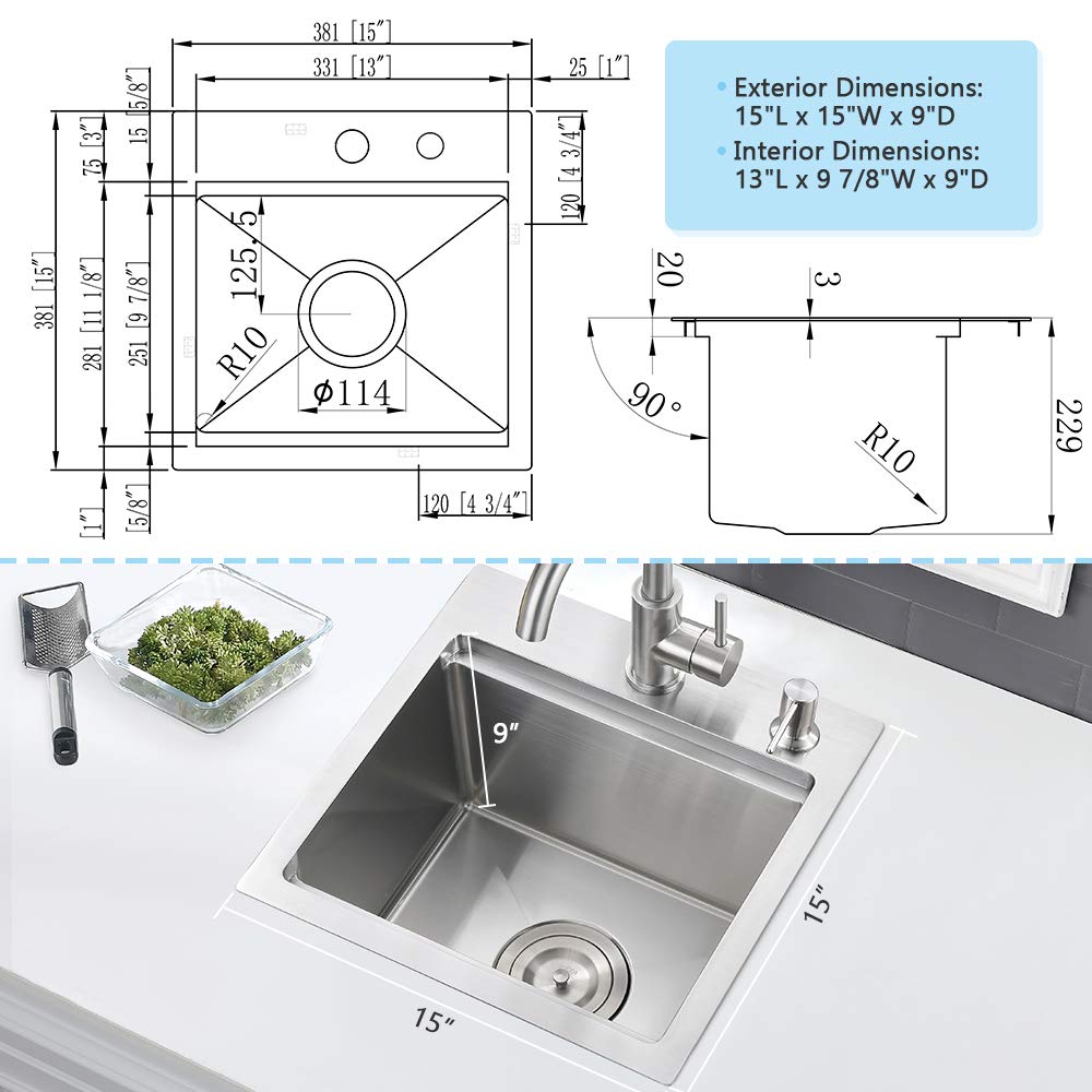 15x15 Drop In Bar Sink Small Kitchen Sink Top Mount Workstation Stainless