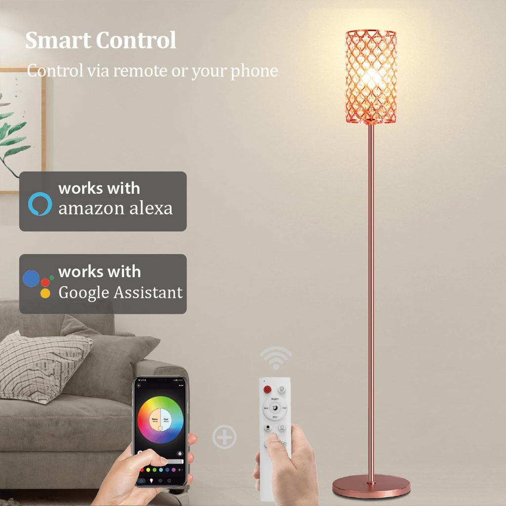 Crystal Floor Lamp with Remote Control, Smart Rose Gold Floor Lamps with Bulb Included, Crystal Standing Lamp Rose