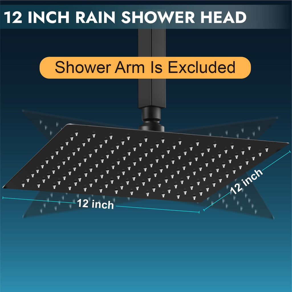 Square Rain Shower Head, High Pressure, Matte Black 12 Inch