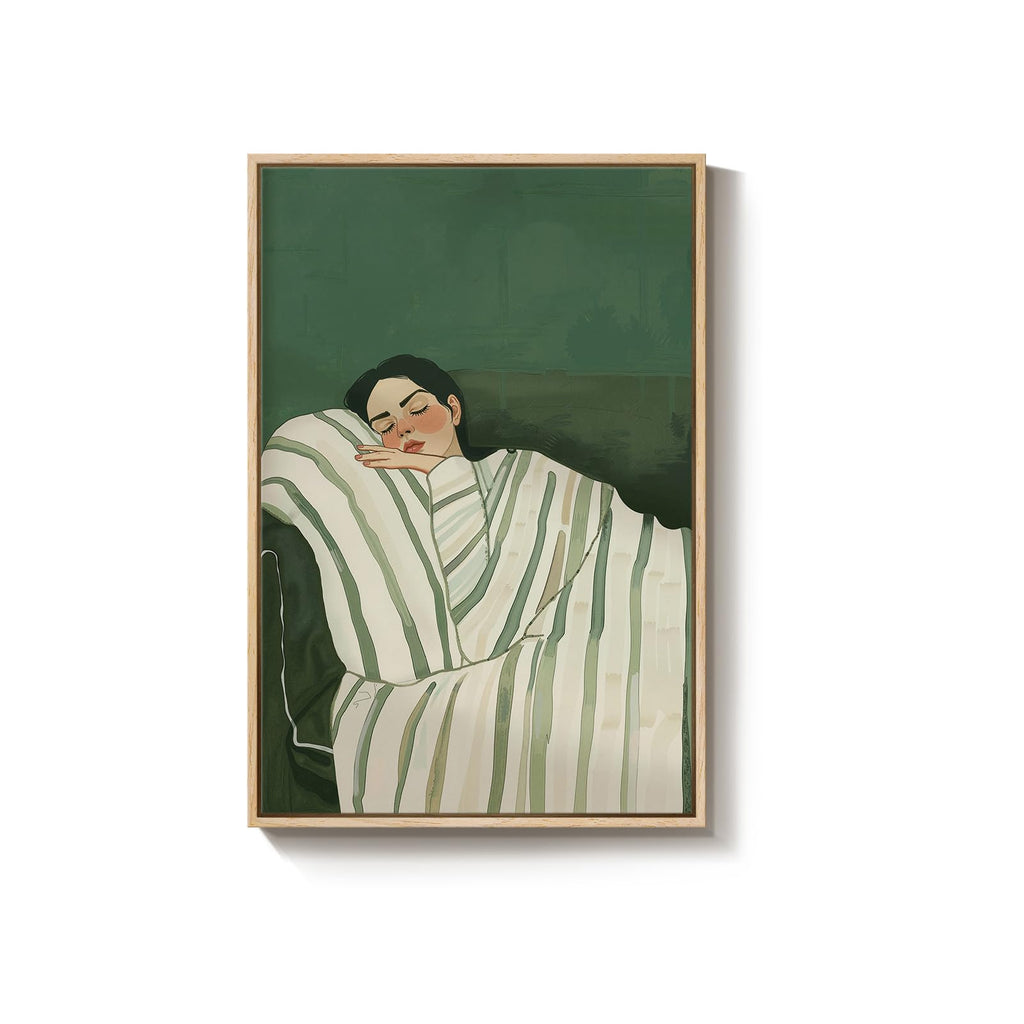 Large Framed Vertical Cozy Woman Green Wall Art Dorm Bedroom, 24x36 Inch
