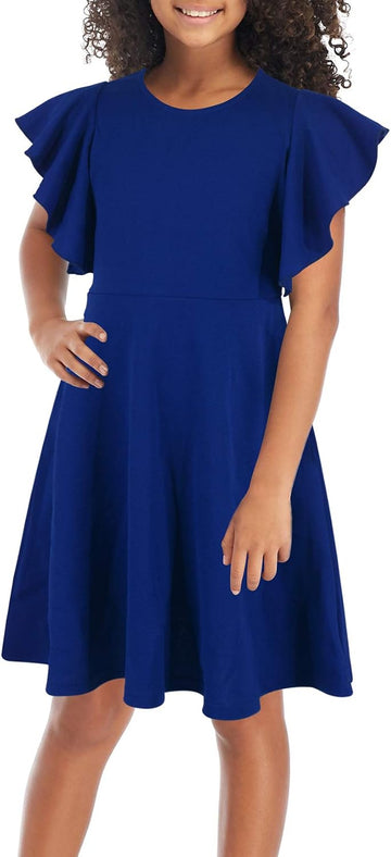 Girls Flutter Sleeve Swing A-Line Party Dress