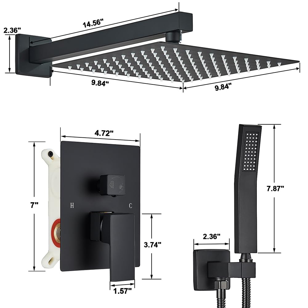 Black Shower System - 10" Rain Shower Head & Handheld Combo, Complete Shower Faucet Set with Rough-in Brass Valve &