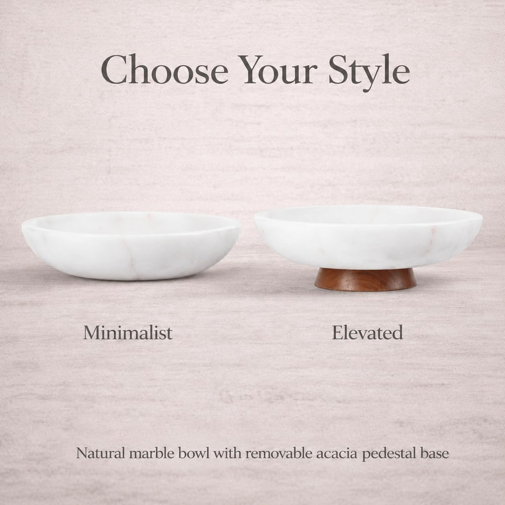 Decorative Marble Bowl White - Handcrafted Natural Stone on Removable Acacia Wood Pedestal Base - Versatile 10"