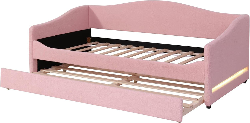 Full Size Upholstered Daybed with Trundle and LED Lights, Modern Wood Teddy Fleece Bed Frame with Slats Support and