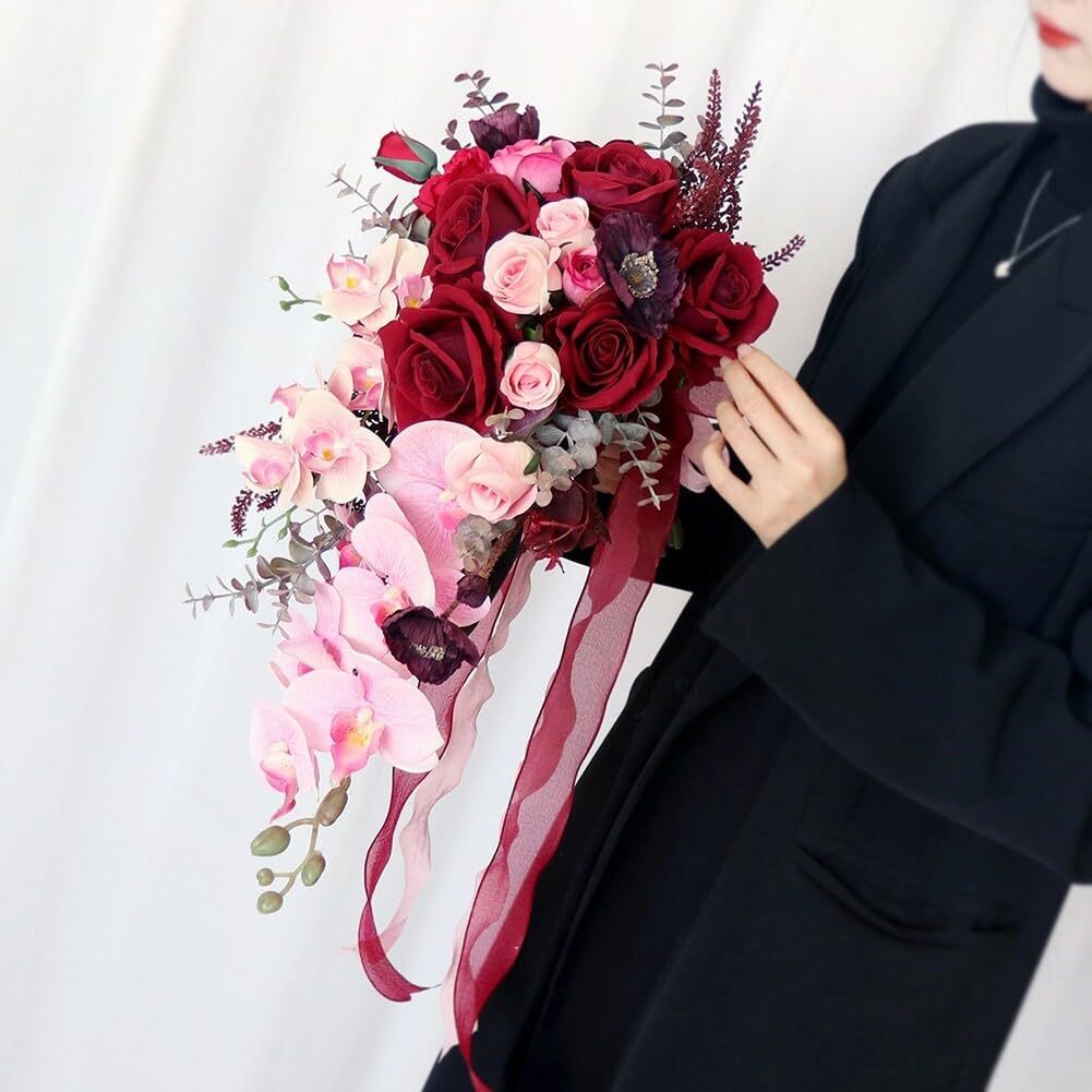 Wedding Bouquets Artificial Orchid Rose Flowers Wedding Bouquets for Bride Bridesmaid Holding Flower Cascading Bridal