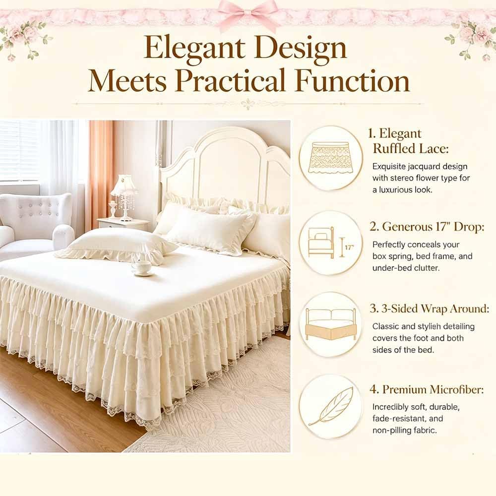 Lace Bed Sheet for Queen/King Bed - 17in. Drop, Easy Fit Ruffle Bedskirt Wrap Around Bed Skirt, Anti Wrinkle & Fade