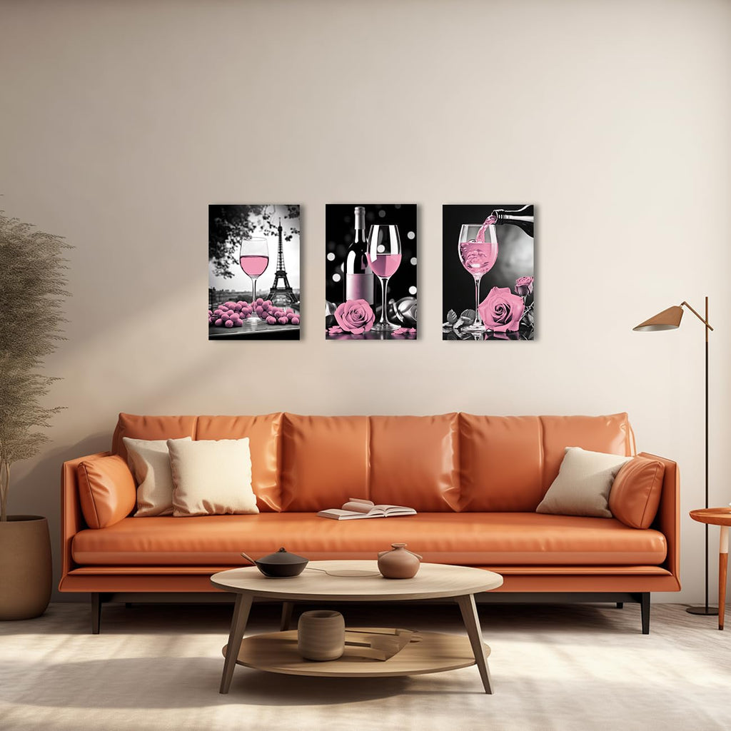 Kitchen Canvas Wall 3 PCS Romantic Pink Wine Grape Rose Flowers Eiffel Tower Pictures Prints for Restaurant Bar Decor
