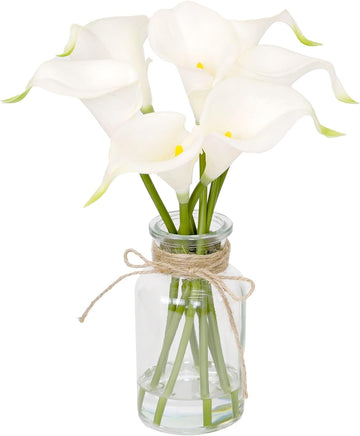 Artificial Flowers Calla Lily in Glass Vase with Faux Water, Artificial Flower Real Touch Latex Flowers - Set of 7