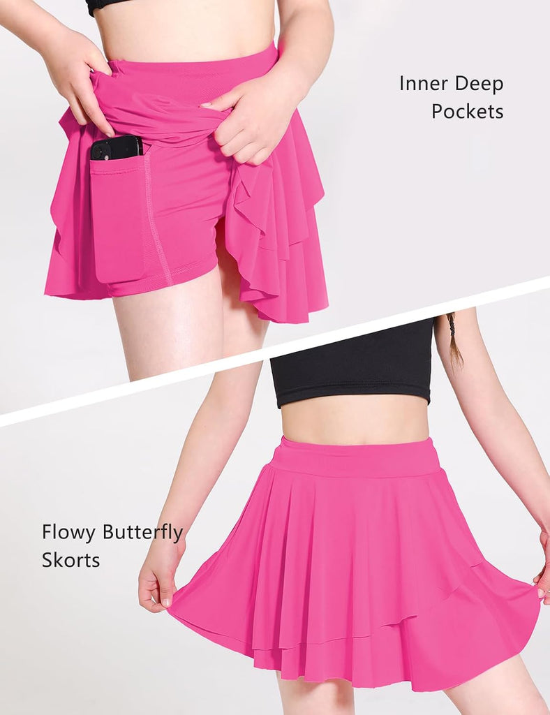 Girls Tennis Skirts Layered Ruffle Athletic Flowy Skirts with Pocket Skorts for Girls
