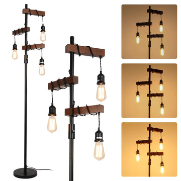 Dimmable Industrial Floor Lamp, Farmhouse Tree Floor Lamp, 68 Inch 3 Lights Wood Standing Lamp, Sturdy Base Tall