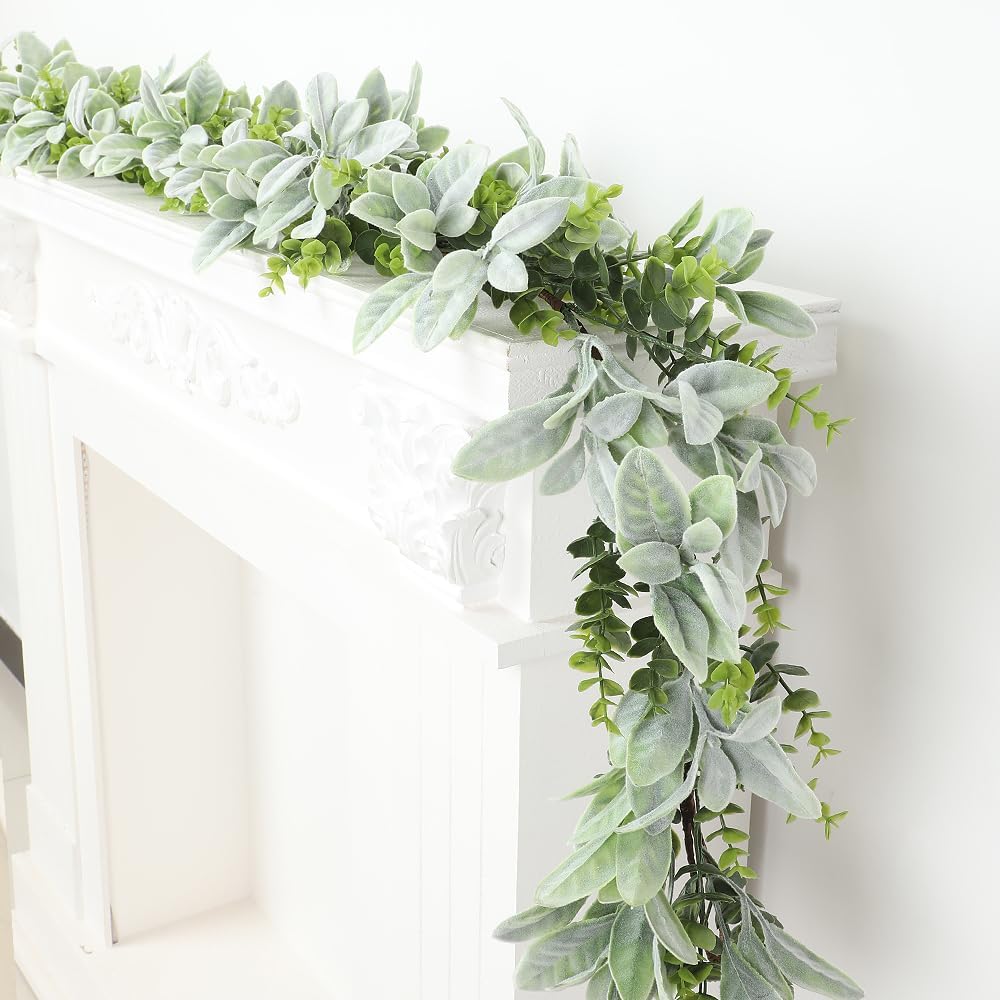 Greenery Garland Artificial Lambs Ear Garland Green Mantel Garland Vines - Set of 6