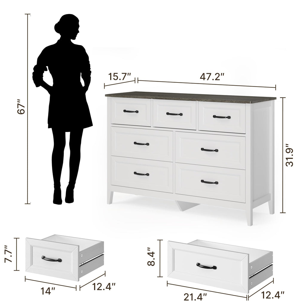 White Dresser with 7 Drawers, 47" W Chests of Drawers