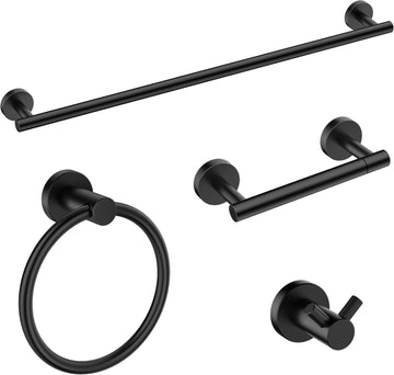 Bathroom Accessories, 4-Piece Bathroom Hardware Set - 24" Towel Bar | Matte Black | Towel Hooks, Towel Racks , Toilet