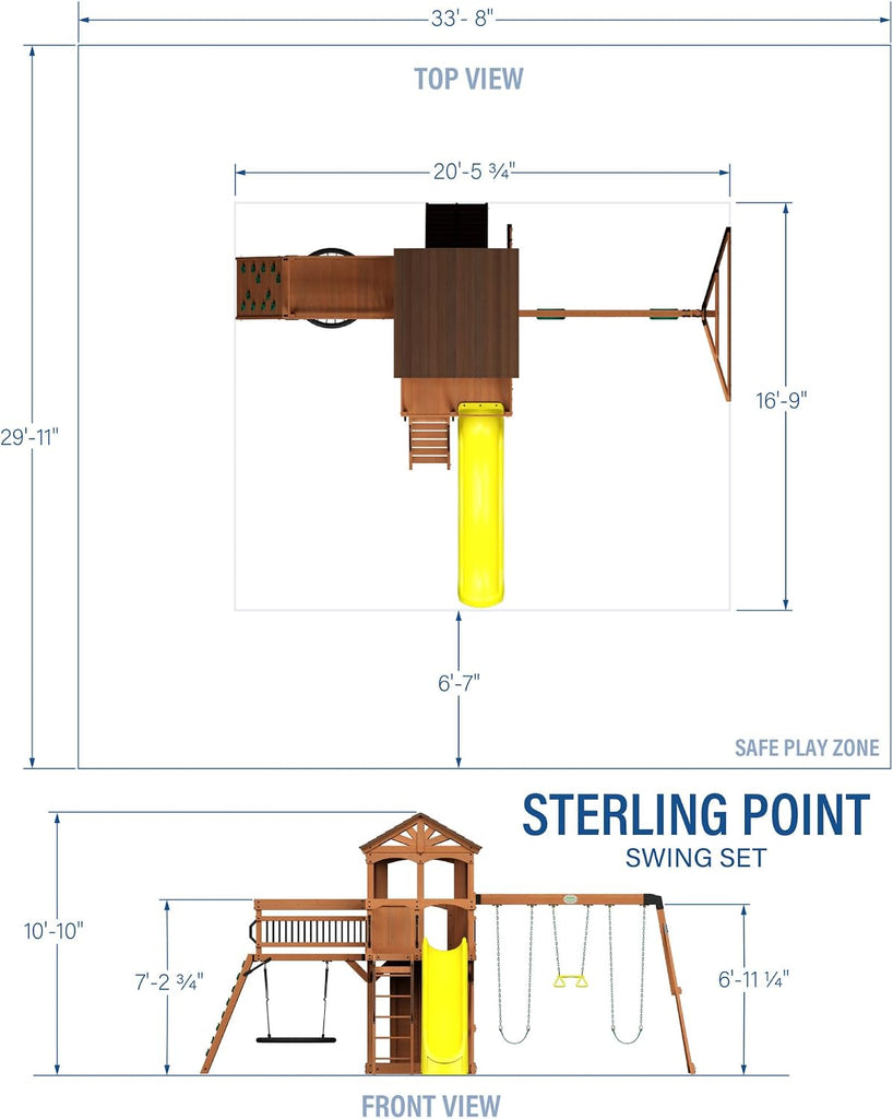 Sterling Point Cedar Wood Swing Set with Wave Slide, Raised Clubhouse, Wooden Bridge, Rock Wall, Belt Swings, Web