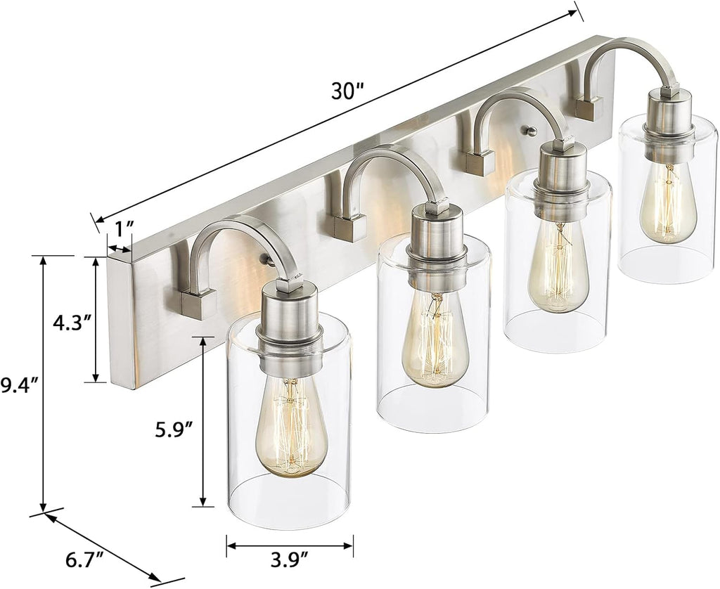 4-Light Vanity Light Fixture - Modern Bathroom Lighting Fixture, Brushed Nickel Finish with Clear Glass, YCE237B-4W BN