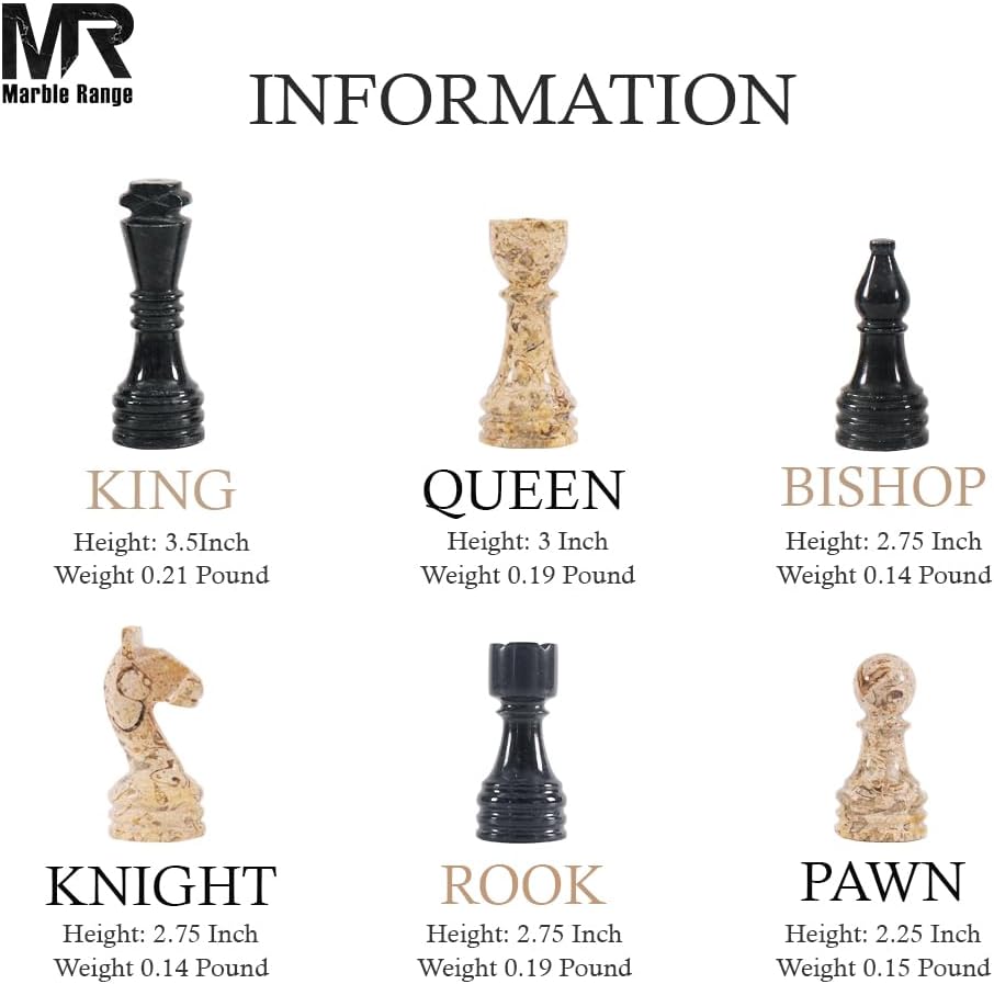 Marble Chess Set 15 Inch Black and Coral Handmade Board Game with Storage Box, Classic Travel Chess Set for Adults
