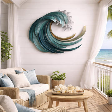 Ocean Wave Metal Wall Art, Large 3D Teal Coastal Decor, Nautical Coral Sculpture, Beach House Patio Sign, Seaside