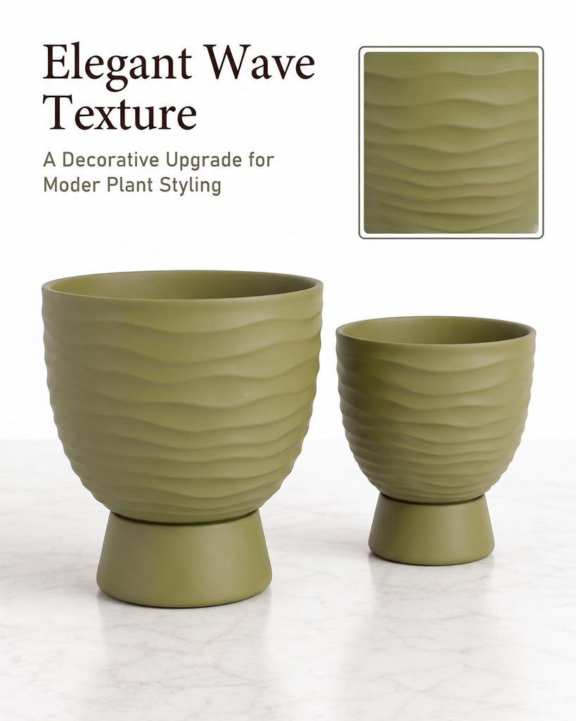 Green Terracotta Self Watering Plant Pots, 6 and 8 Inch with Saucers