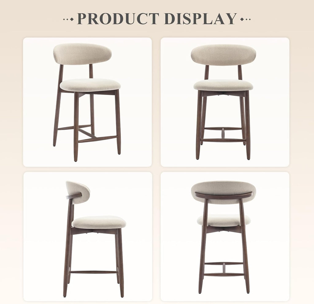 Counter Height Bar Stools Set of 2, Kitchen Bar Stools with Back, Mid Century Modern Upholstered, with Wood Legs