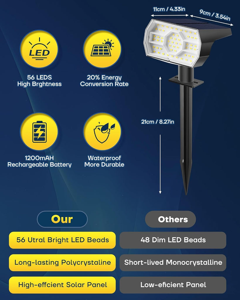 Solar Lights Outdoor Waterproof IP68, 3 Lighting Models Solar Powered Spot Lights Outdoor, 56LED Solar Light Dusk to