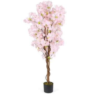 5FT Artificial Cherry Blossom Tree, Pink Fake Flower Tree, Faux Floral Plant Blooming Tree Pot, Tall Potted