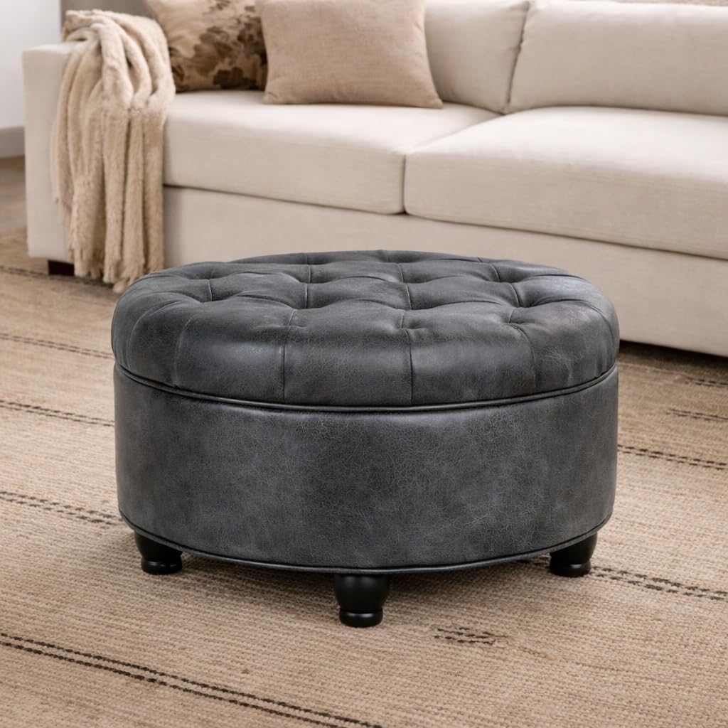 25" Button Tufted Round Storage Ottoman - Gray Faux Leather