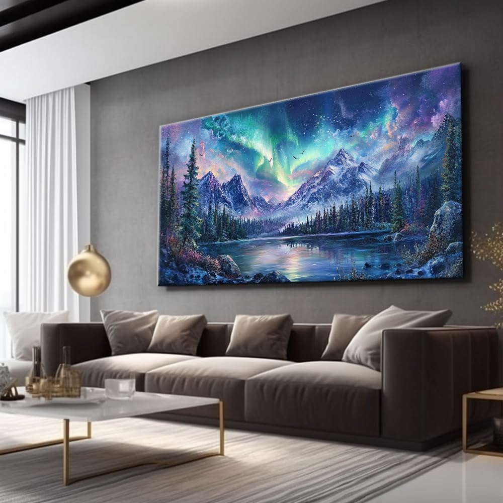 A Borealis Canvas Wall Art Northern Lights Wall Printing Farmhouse Abstract Snow Mountain Tree Forest Scenery Canvas