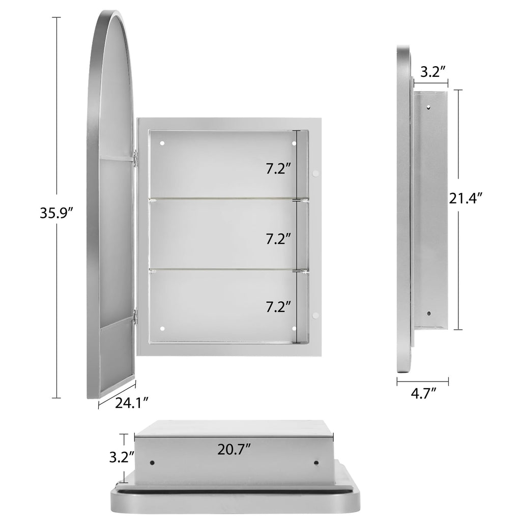 Recessed Bathroom Medicine Cabinet, 36"x24", Arched, Wall Cabinet with Beveled Mirror, Aluminum Frame, Silver