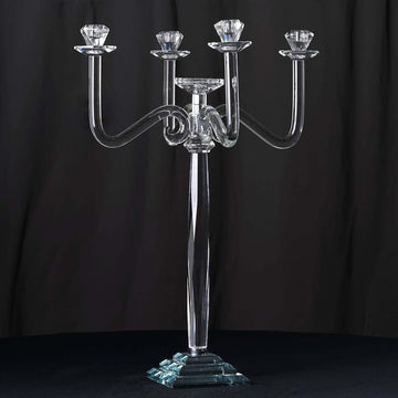 27" Tall Handcrafted Gem Cut 5 Arm Crystal Modern Glass Candelabra Candle Holder Wedding Centerpiece