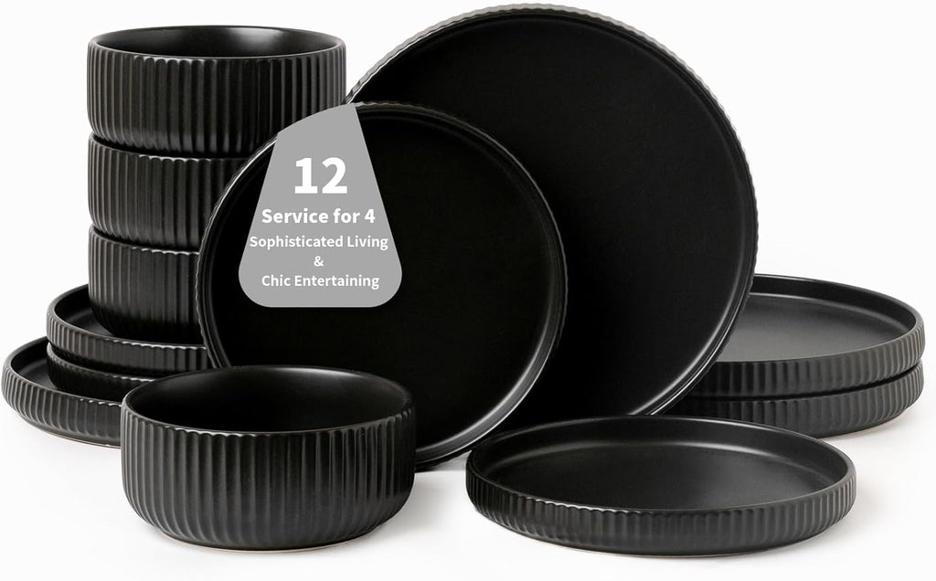 Dinnerware Sets for 4,Microwave Safe Plates and Bowls Sets,12 Piece Dylan Dish Set,Reactive Glaze Stoneware Dinnerware