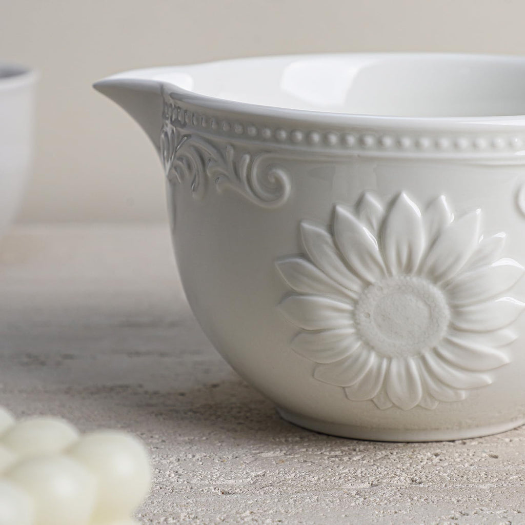 Sunflower Embossed Ceramic Mixing Bowl, 1 Quart Batter Bowl, with Pouring Spout and Handle