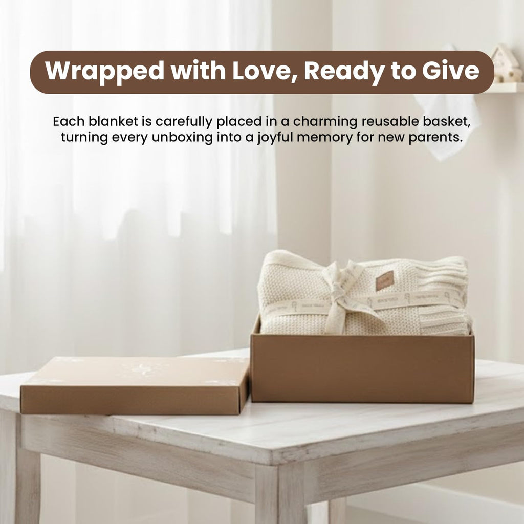 Organic Baby Blanket Gift Set with Basket, Earth Ivory, 30x40