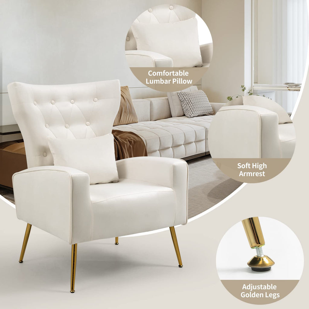Button-Tufted Living Room Chairs, WingBack Velvet Accent Chair Armchair with Lumbar Pillow, Bedroom Chairs Arm Chair