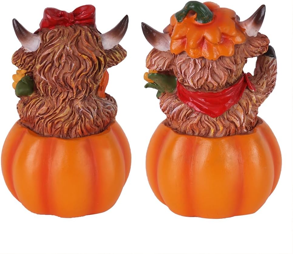 Fall Decorations, Resin Highland Cows Figurines for Fall Decor, Rustic Pumpkin Harvest Ornaments - Set of 2