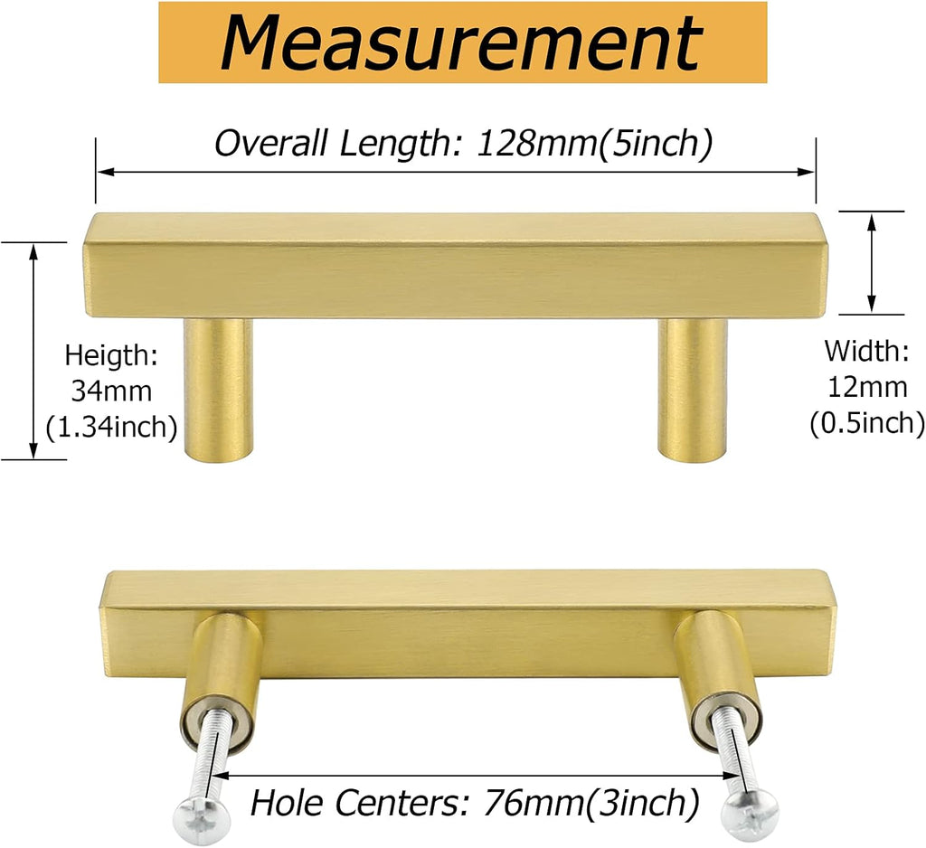 20 Pack Gold Cabinet Handles 3"(76mm) Brushed Brass Cabinet Pulls T Bar Drawer Pulls & Drawer Hardware