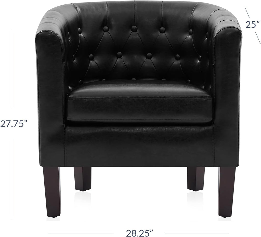 Black Accent Chairs, Elegant Arm Chair Upholstered Tufted Barrel Chair Club Chair with Sturdy Legs and Faux Leather