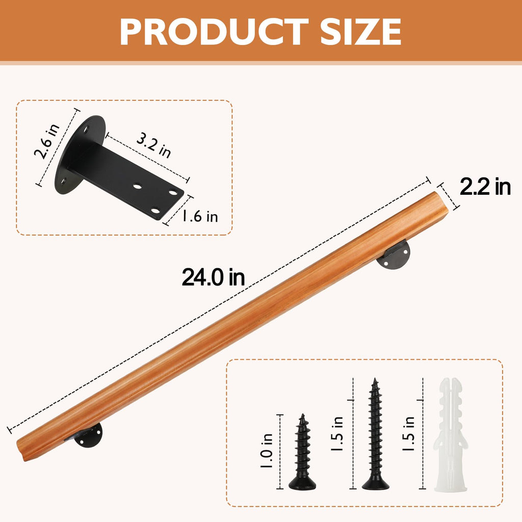 2FT Solid Wood Stair Handrail for Indoor Stairs, Outdoors Stair Railings, Sturdy Wall Mounted Non-Slip Safety Design