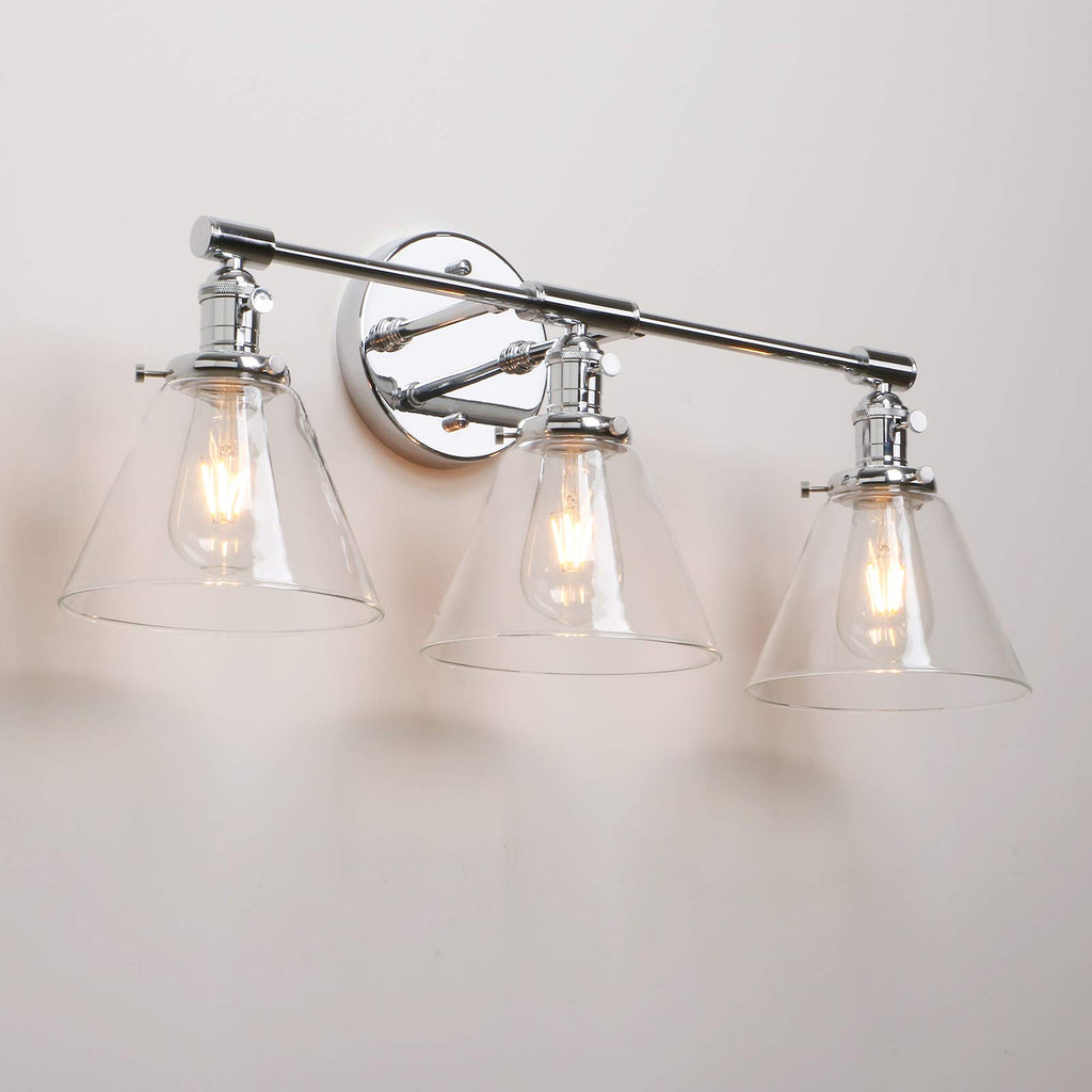 Vintage Industrial Antique Three-Light Wall Sconces with Funnel Flared Clear Glass Shade (Chrome)