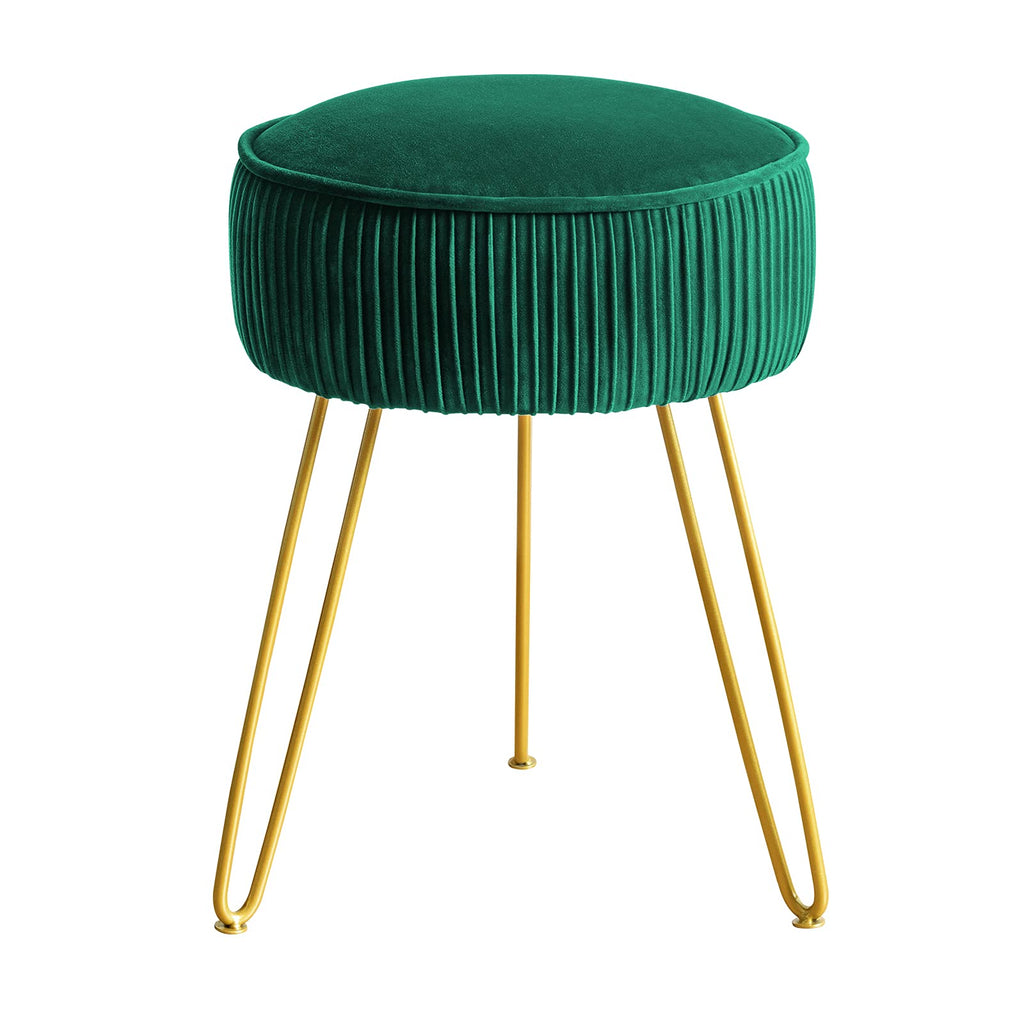 Pleated Vanity Stool, Velvet Upholstered for Makeup Room, Round Mondern Stool for Vanity, Ottoman Footrest with Metal