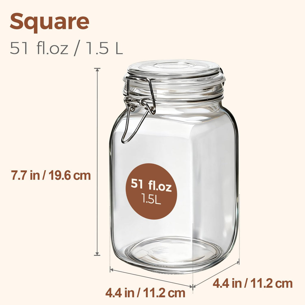 Square Glass Jars with Airtight Lids 51 oz 3 Pack Wide Mouth