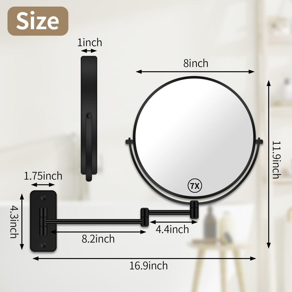 8" Wall Mounted Magnifying Makeup Mirror 1X/7X Wall Mount Mirror Swing Arm Two-Sided 360° Swivel Bathroom Shaving