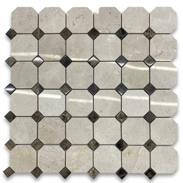 Crema Marfil Marble 2 inch Octagon Mosaic Tile w/Emperador Dark Brown Dots Polished Kitchen Bath Wall Floor