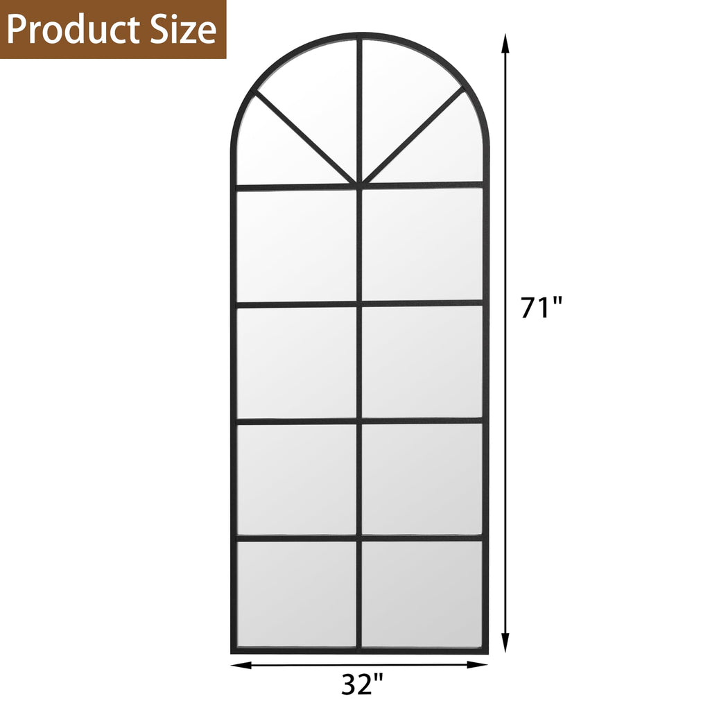 Floor Full Length Mirror, Arch Top Window Pane Mirror, 71"x32" Black